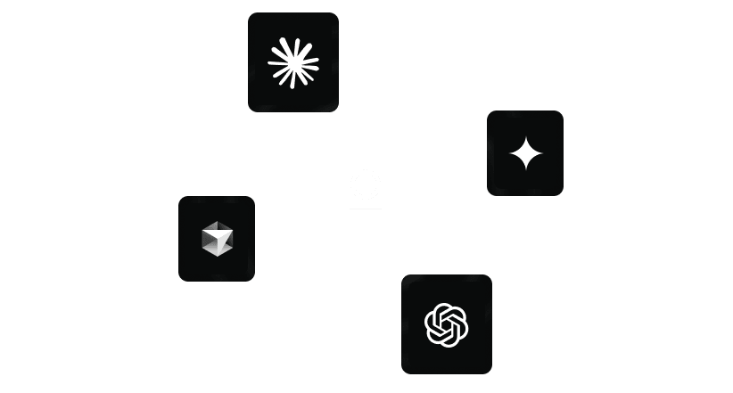 Person icon with AI icons in orbit: Claude, Gemini, OpenAI, and Cursor.