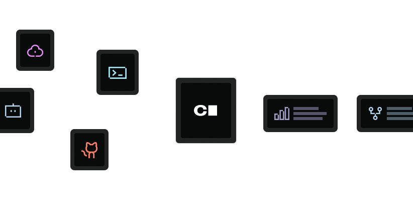 Diagram showing various icons (cloud, robot, terminal, GitHub Octocat) feeding data into Coder. Coder outputs data into a bar graph and a system integration icon.