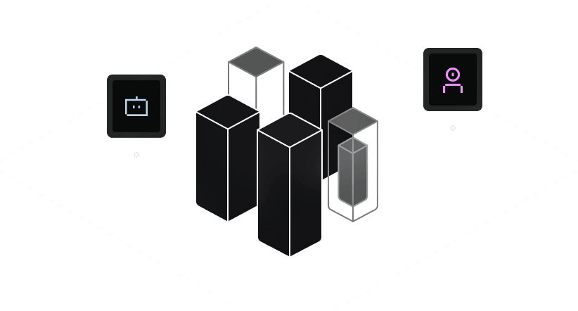 Isometric view of a grid with several rectangular prisms arranged like skyscrapers. A line of communication connects a robot icon to a person icon through the prisms.